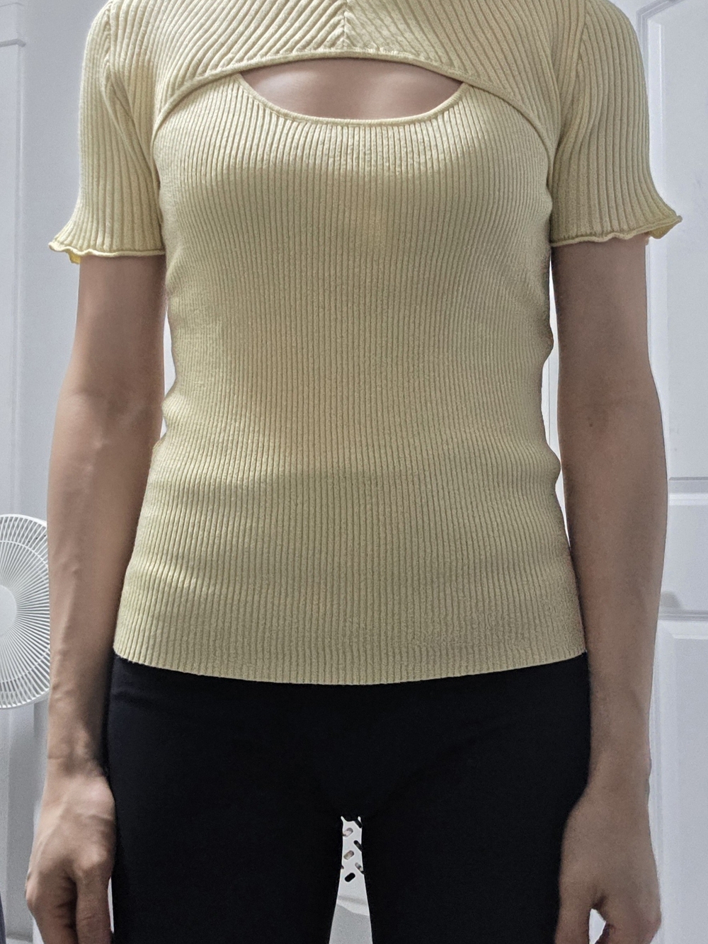 Heartloom Pale Yellow Ribbed Cutout Short-Sleeve Top